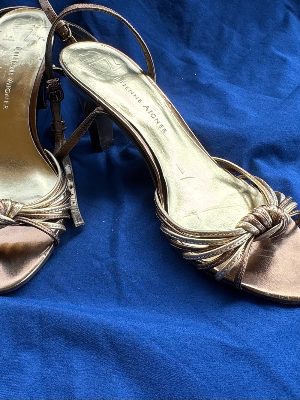 Etienne Aigner Metallic Bronze Knotted Strap Heels